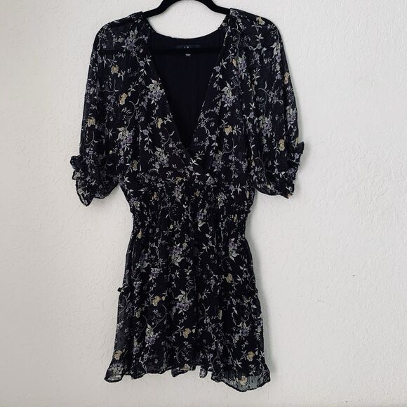 Lulus Forever in Bloom Mini Dress M Black Floral Sheer Puff Sleeve Cottage Boho - Picture 1 of 13